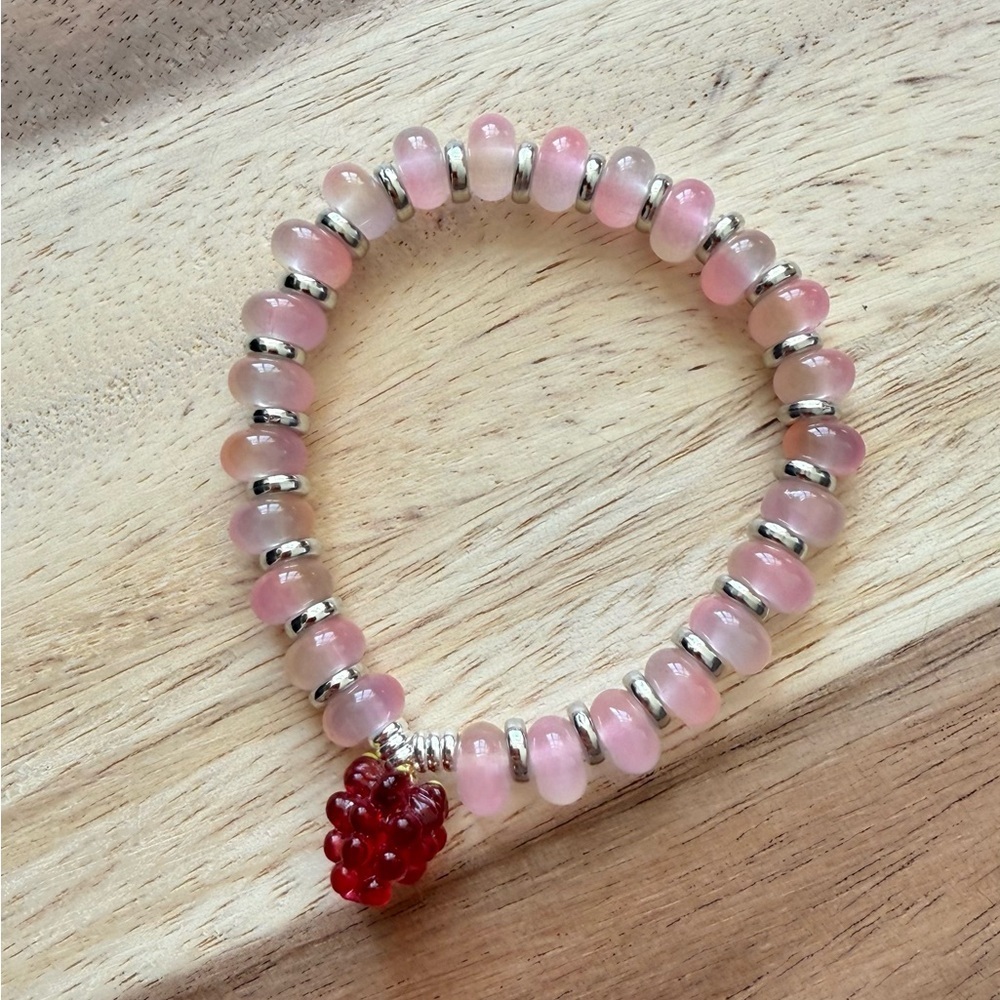 Pink and Silver Glass Beaded Charm Bracelet